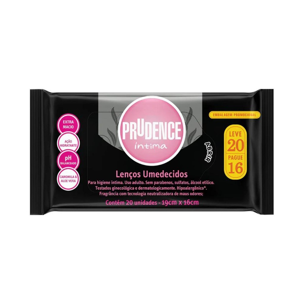 Lenço Umedecido Prudence Íntima com 20 unidades em Oferta na Shopee
