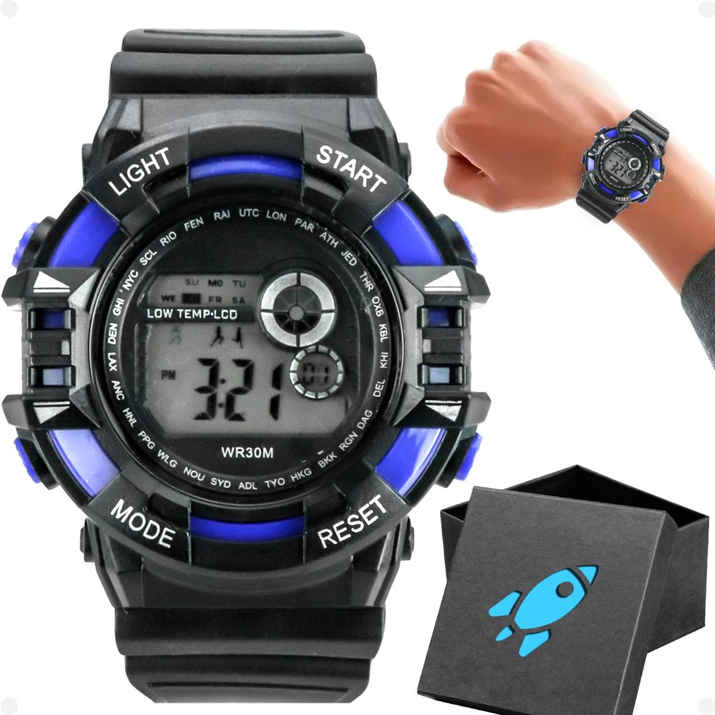 relogio digital criança infantil menino silicone + caixa presente preto adolescente data azul alarme