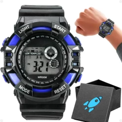 relogio digital criança infantil menino silicone + caixa presente preto adolescente data azul alarme