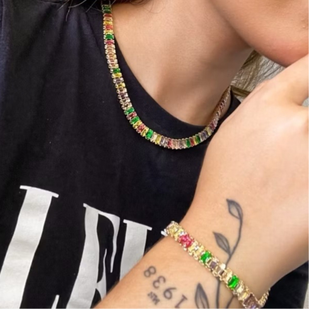 Conjunto Riviera Colar e Pulseira Feminina Zircônia Folheado a Ouro 18K Acessórios Femininos Choker