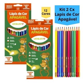 Kit 2 Caixas Lápis de Cor Apagável 12 Cores Triangular Com Borracha Escolar Infantil Leo&…