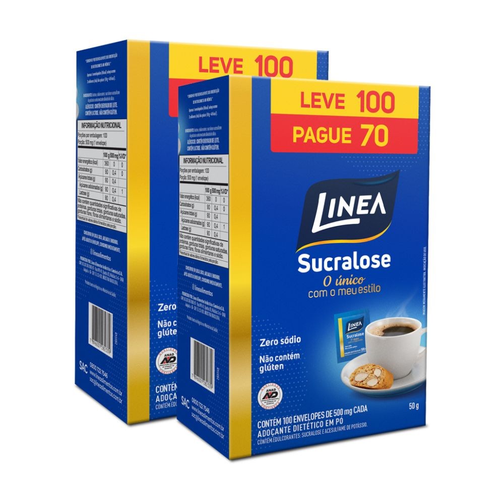 Kit 2 Adoçantes em pó Sucralose Linea Leve 100 e Pague 70 Sachês de 500mg