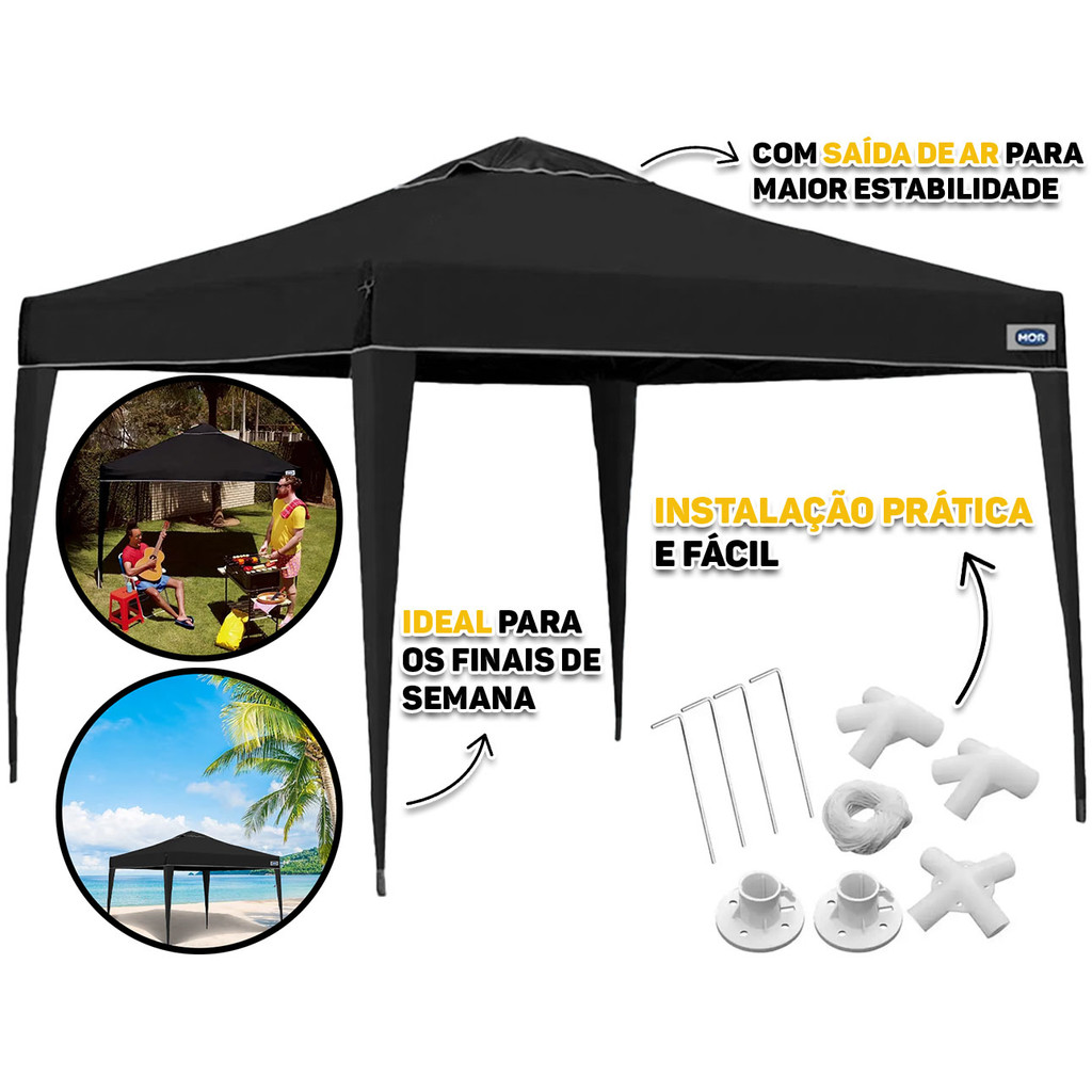Tenda De Praia Sanfonada Mor X-Flex Preto Gazebo 3x3 Metros Articulado Pé Aluminio MOR - Sports & Outdoors