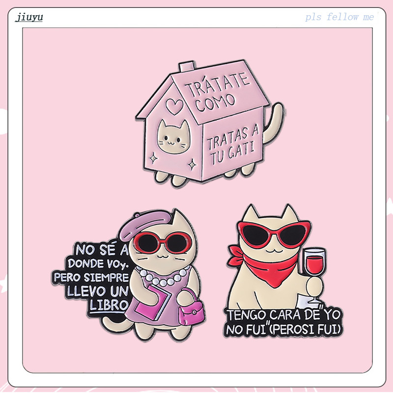 Novo Gato Menina Esmalte Pino Dos Desenhos Animados Vinho Tinto Emblema Espanhol Texto Broche Animal Jóias Acessórios Pr