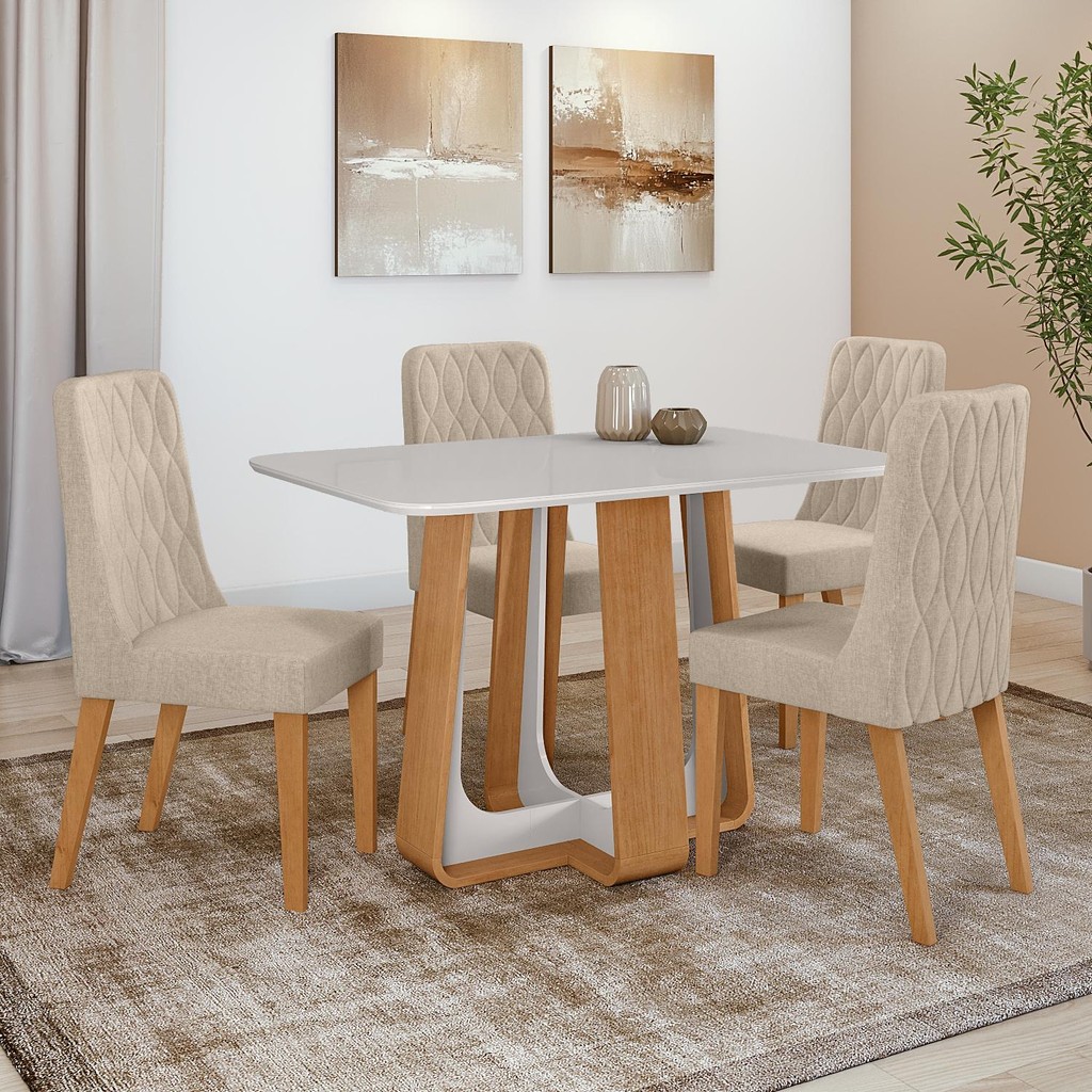 Conjunto Sala de Jantar Mesa Easy Pop 120x80cm Tampo Vidro/MDF com 4 Cadeiras Seat Linho Bege Amendoa/off em Oferta na Shopee