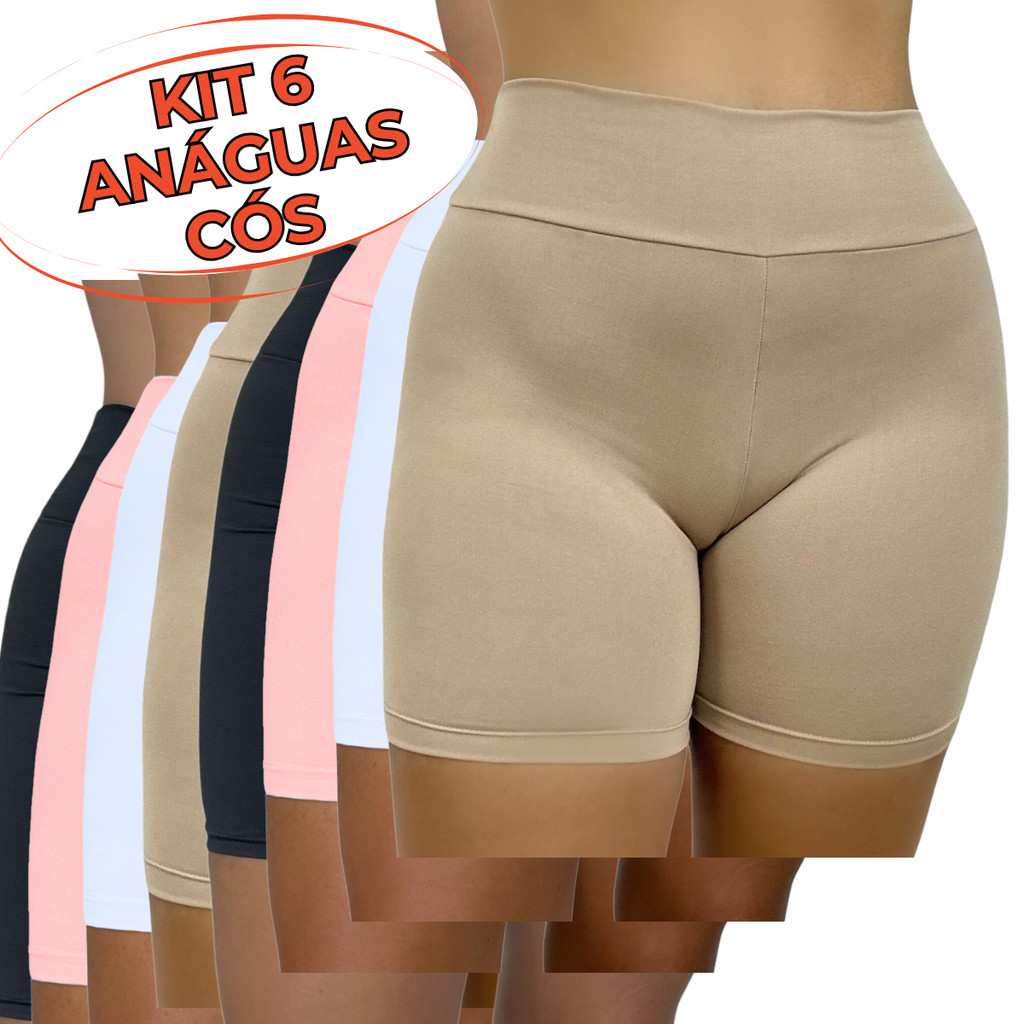 KIT 6 Short Cós Alto Anagua Segunda Pele Liso Feminina