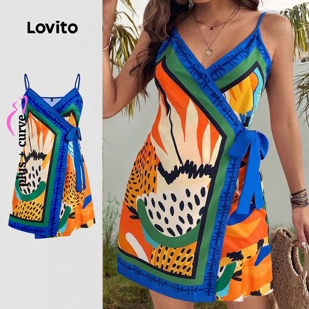 Lovito Vestido Plus Size curva Boho Animal envoltório com gravata frontal para mulheres LB...