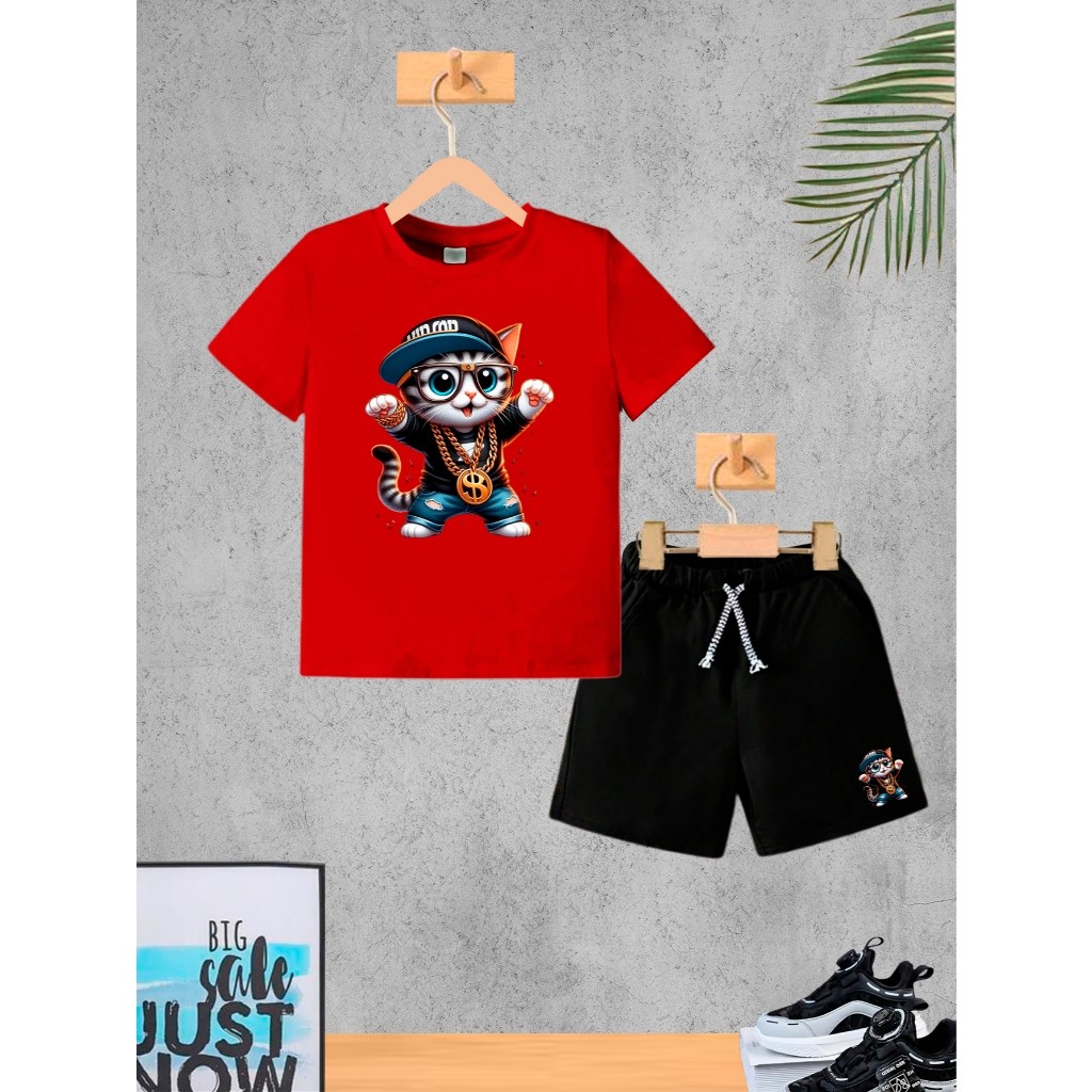 Conjunto Infantil Menino Gato Hip Hop Camiseta e Bermuda Roupa Criança Masculino Verão
