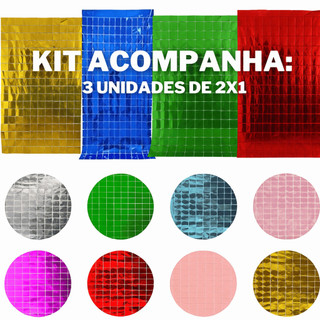 Kit C/ 3 Cortina Metalizada Quadrada 2x1m Festa Painel Dourada Prata Rosa Azul Decoração Aniversário