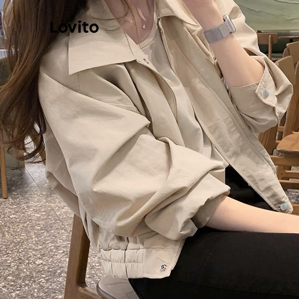 (Hot) Lovito Casaco Casual Com Botão Liso E Zíper Para Mulheres LNA34140 (damasco) - Women Clothes