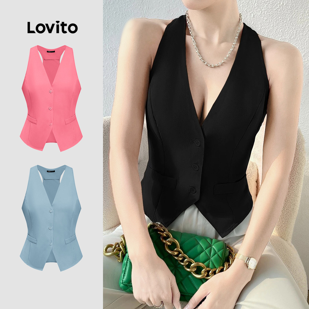 (Hot) Lovito Elegante Top Tank com Botões Frontais para Mulheres L80ED157(Multicolorido)