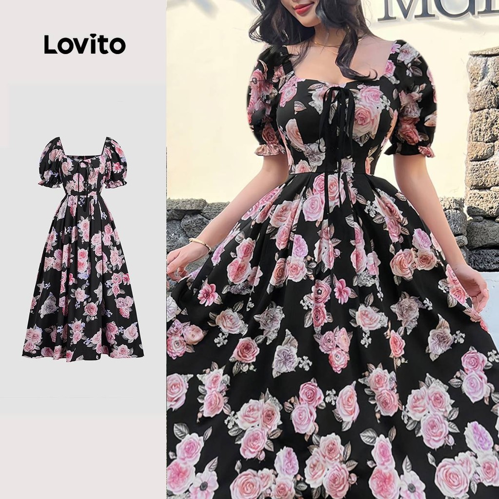 Lovito Vestido Boho com Linha de Estrutura Amarra Na Frente Toque Suave Vestido de primavera/verão LBL26107