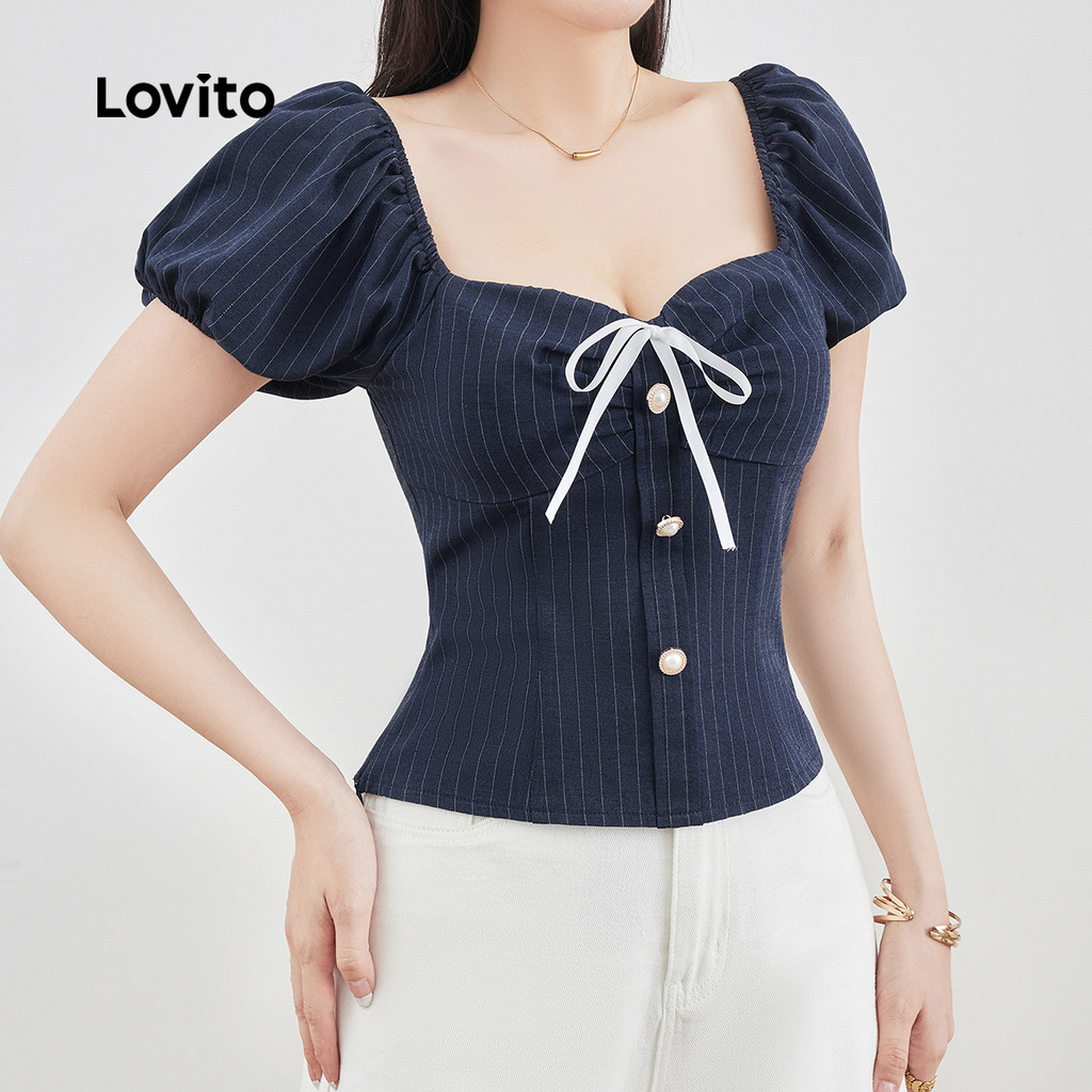 Lovito -  Blusa Elegante com Pérolas e Laço Boa Textura Primavera/verão Blusa Azul-marinho para Mulheres L137LD131 em Oferta na Shopee