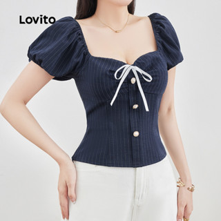 Lovito -  Blusa Elegante com Pérolas e Laço Boa Textura Primavera/verão Blusa Azul-marinho para Mulheres L137LD131 em Oferta na Shopee