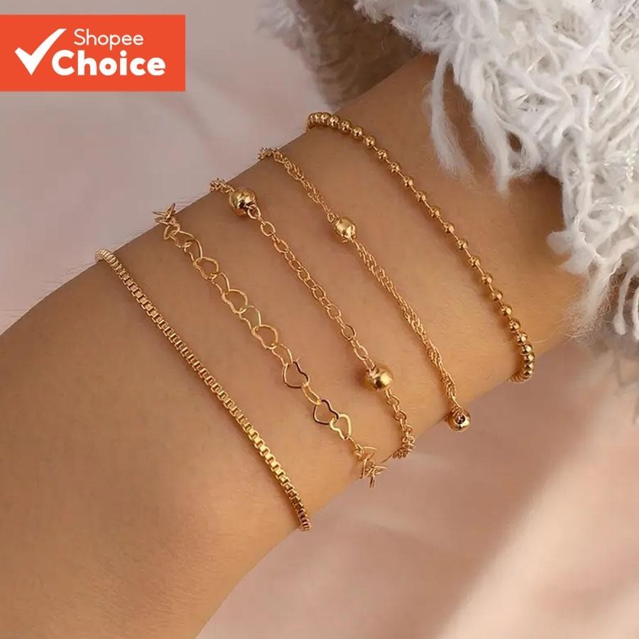 Pulseiras Elegantes Com Miçangas – Pacote 5 Correntes Mistas E Amuletos De Amor , Joias Empilháveis Minimalistas Para Mu