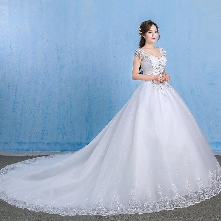 Fat MM Vestido de Noiva Cauda Longa Luxo Nupcial Tamanho Extra Grande S-9XL (Saia Véu Grátis Luvas Conjunto de 3 Peças)
