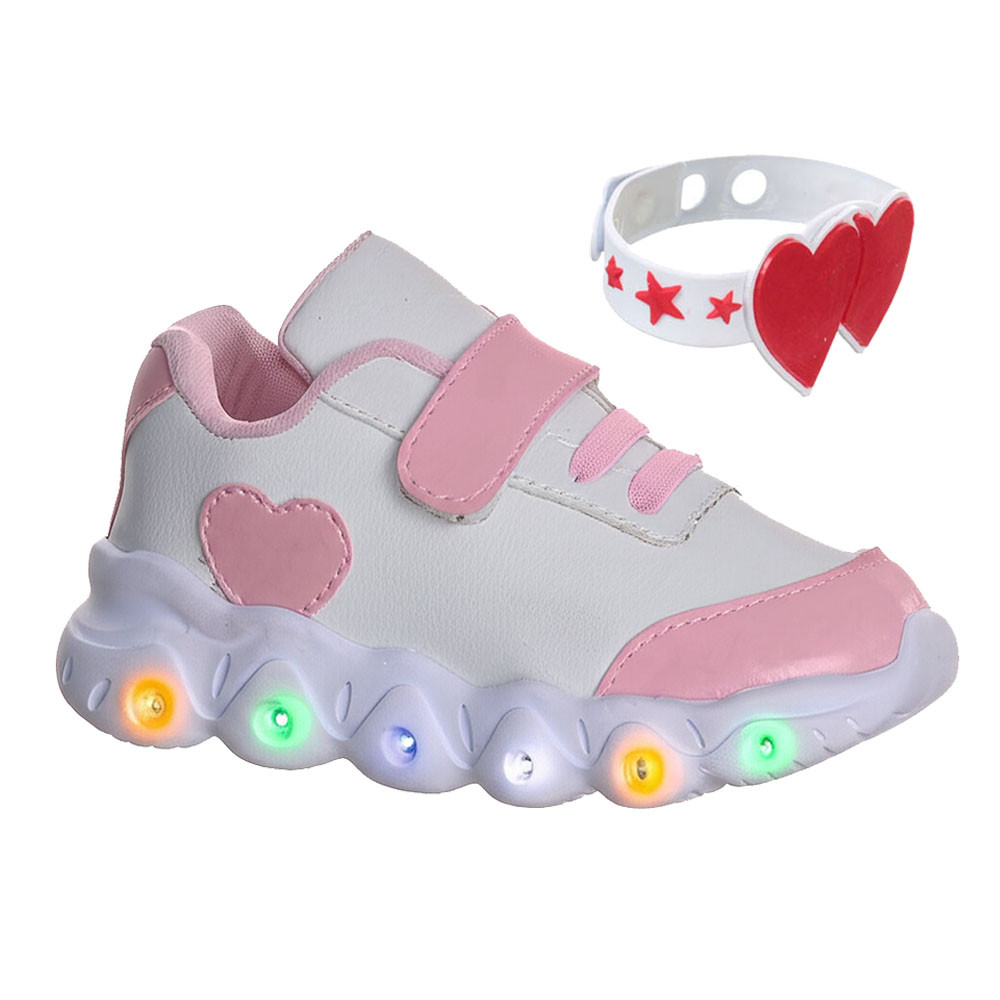 Tênis Infantil LED Coração Rosa Branco Brilha Luz Menina Calçado Confortável Moda Kids