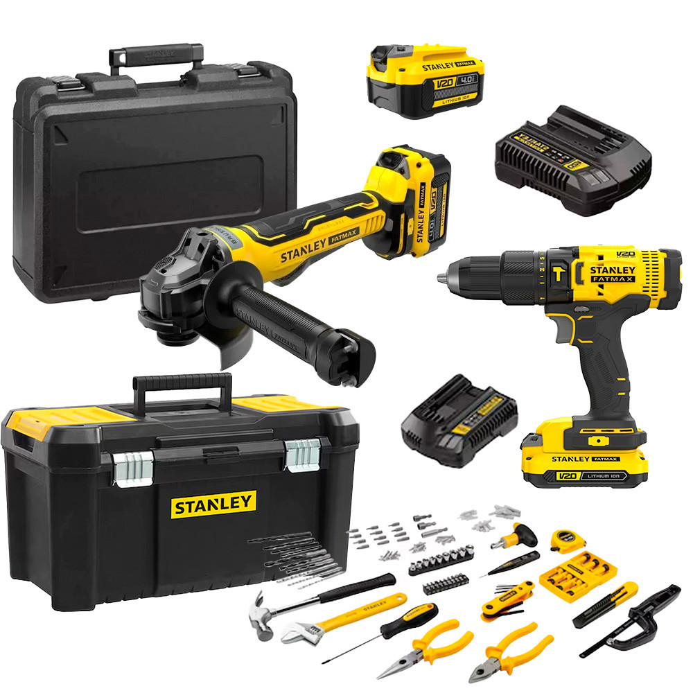 Kit Stanley 20V Parafusadeira Impacto 13mm 50Nm + Esmerilhadeira 115mm 2 Baterias Maleta LED em Oferta na Shopee