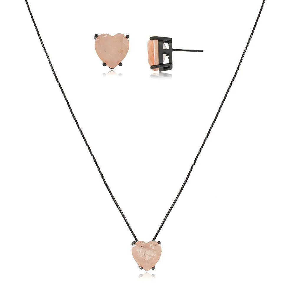 Conjunto Coração Fusion Coral Ródio Negro Feminino Moderno Sofisticado e Delicado