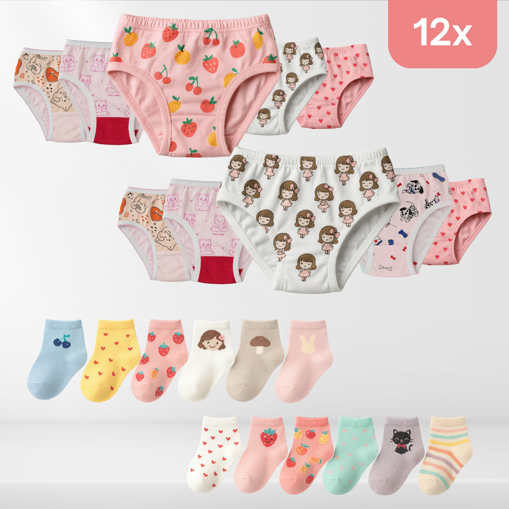 Kit 12x Calcinha Infantil Menina Criança Estampada + 6x Meia Algodão Sortidas