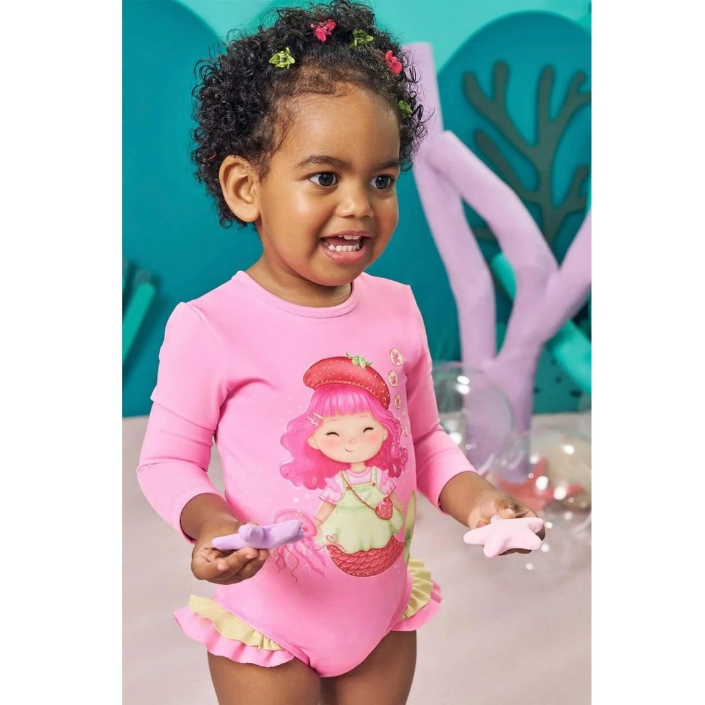 Maiô  Bebê Menina em Malha c/Proteção UV 50+ Kukiê ROSA NEON