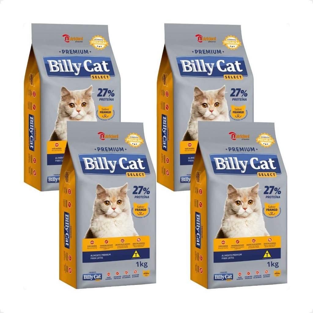 Kit 4 Ração Billy Cat Select Gatos Adultos Frango - 1Kg em Oferta na Shopee