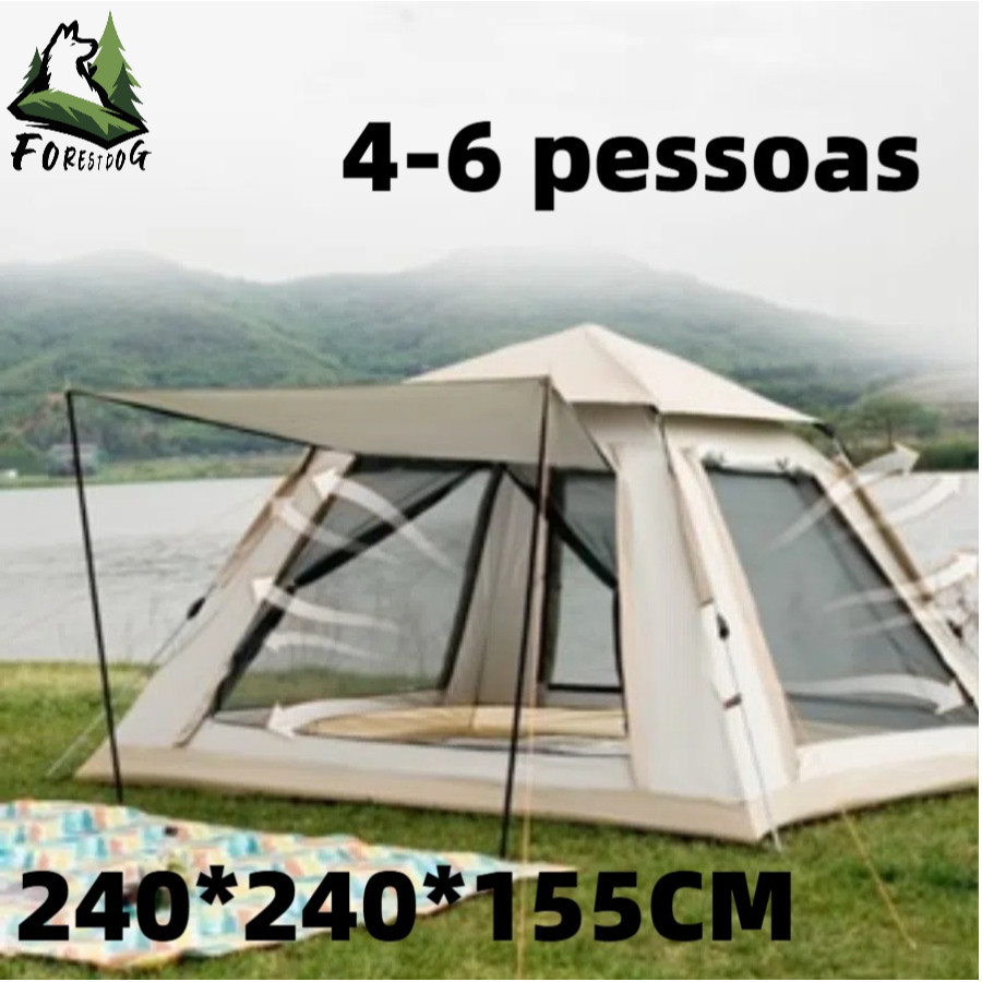 Barraca de Camping Familiar – Grande Varanda (4-6 Pessoas) Espaço amplo (240x240x155cm) • Varanda integrada Montagem