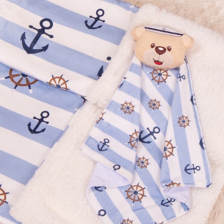 Kit Cobertor e Naninha Ursinho Marinheiro - 2 Peças P/ Bebe - Recem Nascido/bebe Reborn acomp 1 mimo