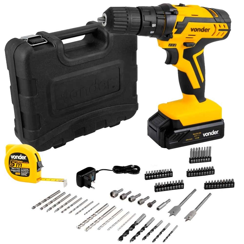 Furadeira parafusadeira de impacto 3/8" a bateria 12V + Kit com 74 acessórios - PFV 074 - Home & Living