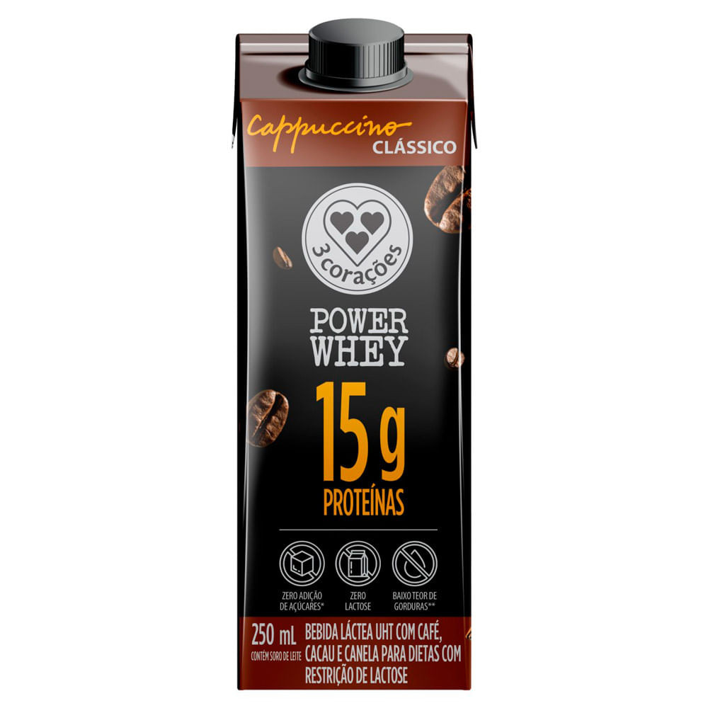 Bebida Lactea 3 Coracões Power Whey com 15g de Proteína Cappuccino Clássico 250ml - Food & Beverages