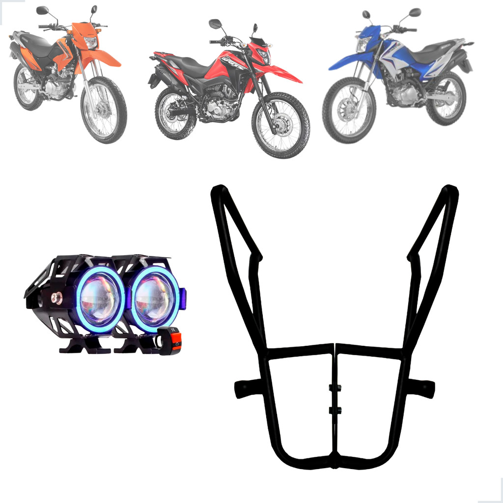 Kit Protetor de Carenagem + Farol de Milha U7 Angel Eye Azul Moto Bros 125/150/160 2016 até 2025
