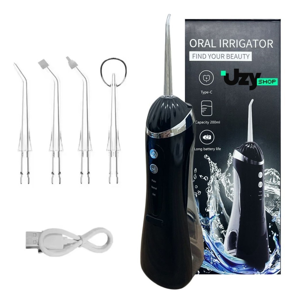 Irrigador Oral Limpeza Bucal Portátil 3 Modos 140psi 200mL 4 Bicos USB Recarregável Preto/Branco/Azul/Rosa