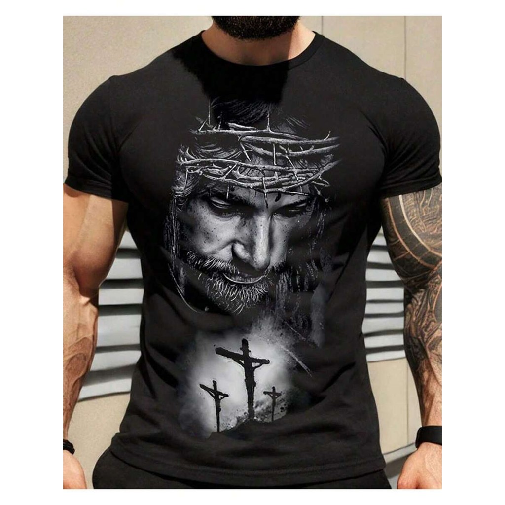 Camiseta Masculina Redentor - Estampa de Jesus com Coroa de Espinhos em Algodão Preto em Oferta na Shopee