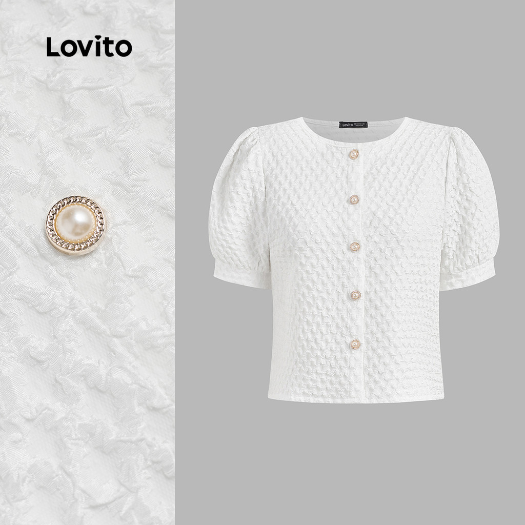 (New) Lovito Blusa Elegante de Botões com Textura Na Frente  Ideal para Primavera/verão  Branca para mulheres L142ED157 em Oferta na Shopee