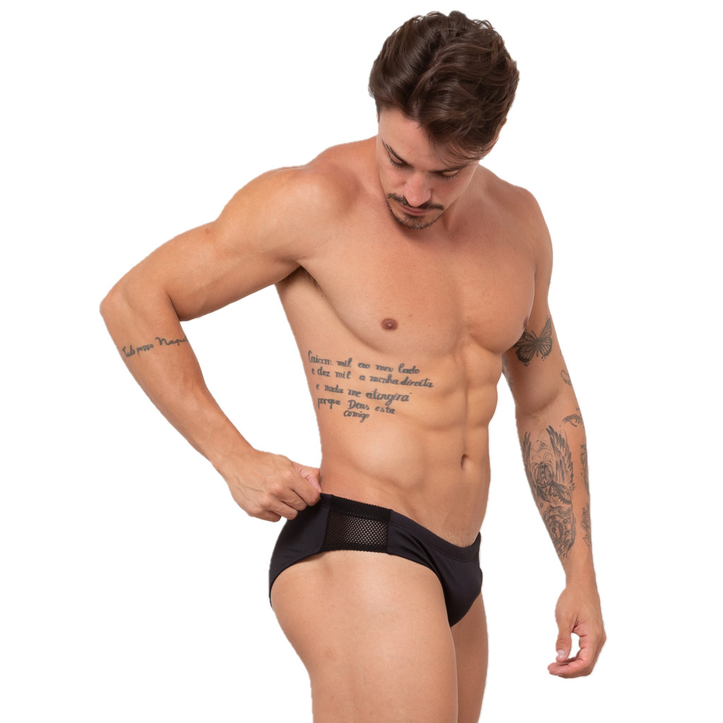 Sunga Cavada Preta com tela nas laterais - JWilas Beachwear