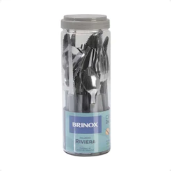 Faqueiro 24 Peças em Aço Inox Riviera Cinza Pote de Plástico Brinox Faca Garfo Colher Louças Talher