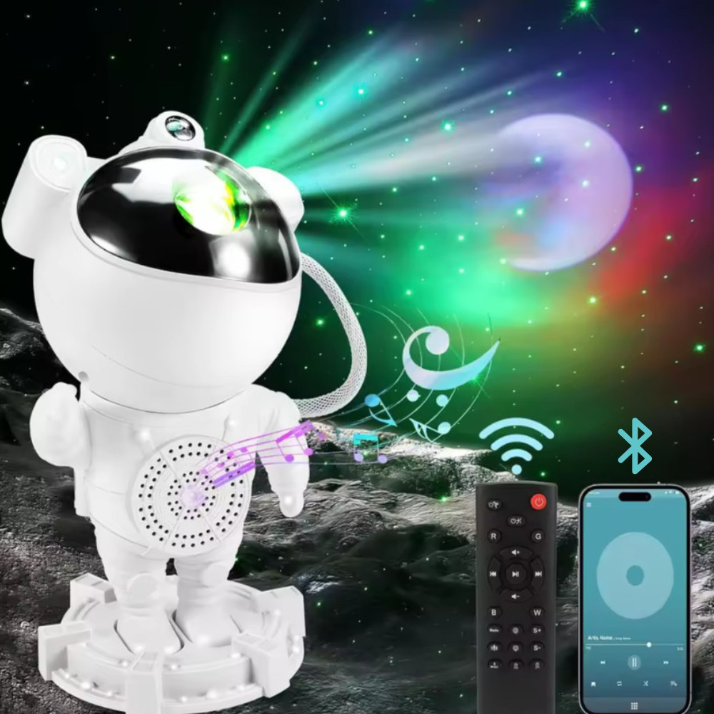 Imagem Luminária RGB Astronauta com Caixa de som Bluetooth com controle remoto e projeção de estrelas galáxia.
