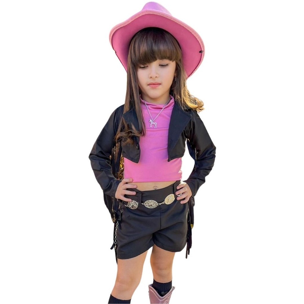 Look Infantil Boiadeira Preto com Rosa Bebê com Chapéu roupa para aniversario infantil menina