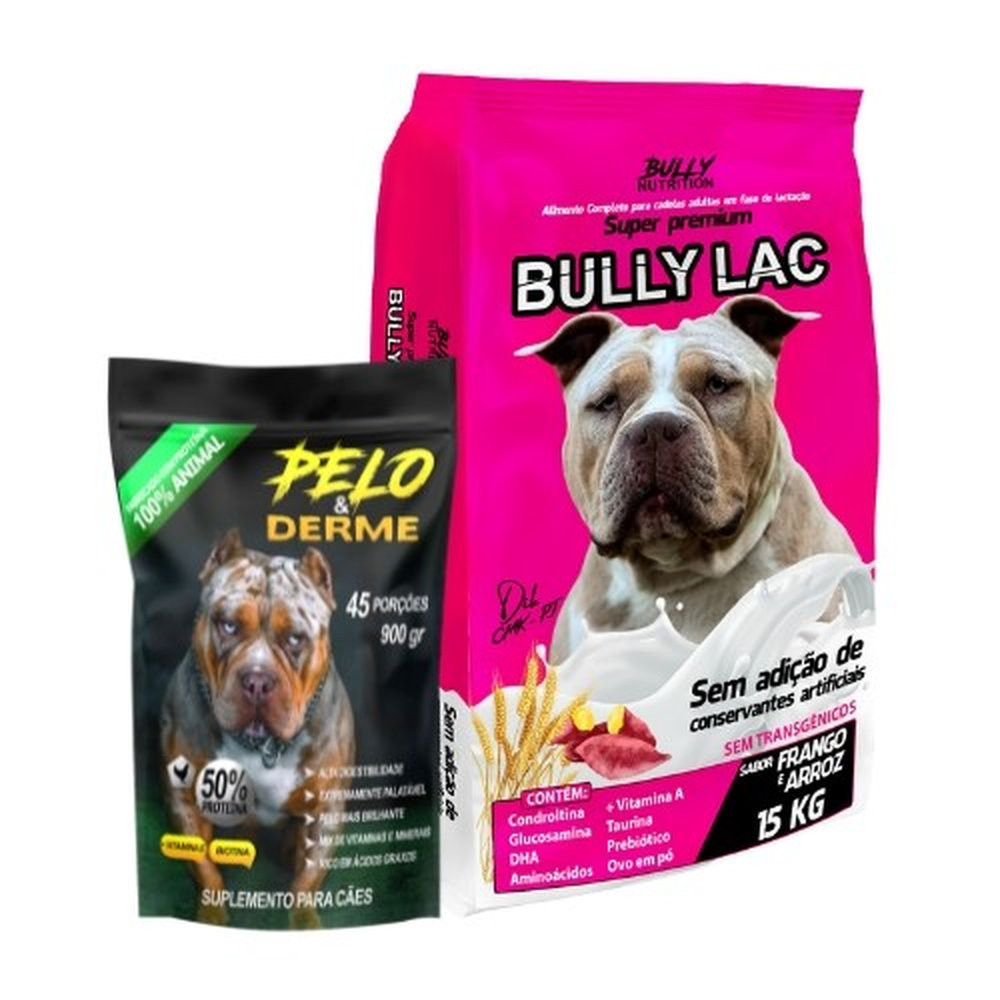 Ração Super Premium Bully Lac 15kg + Suplemento Bully Pelo & Derme 900g + Moringa Dog 60g