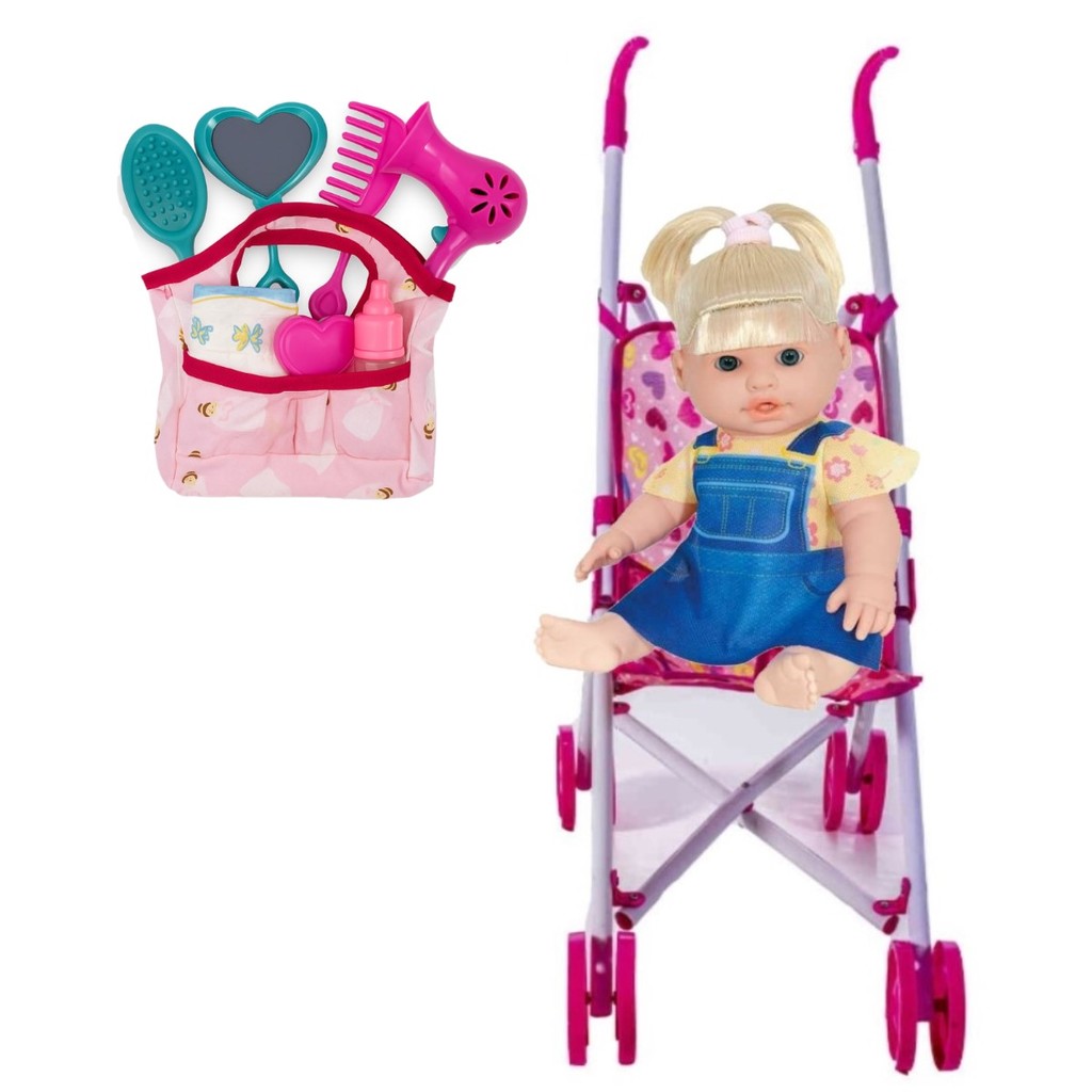 Boneca Bebê Infantil Andressa Faz Xixi Carrinho e Bolsinha