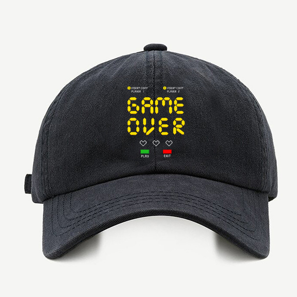 Bone baseball masculino preto Game Over Play ExitCom regualgem cores bege e branco