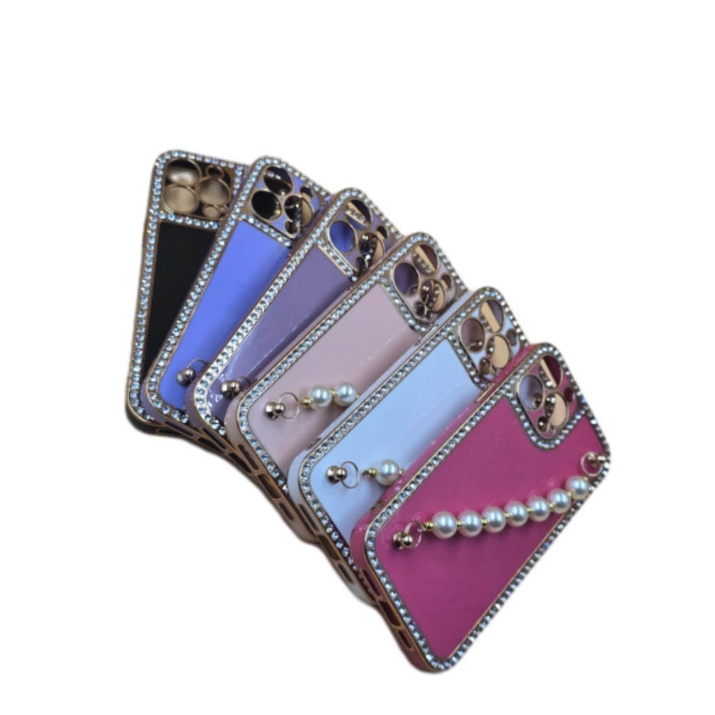 Capa Compatível IPhone Case 7 8 PLUS 11 12  13 PRO MAX Colorida Com Borda Strass COM Brilho E Alça Bolinha Perola