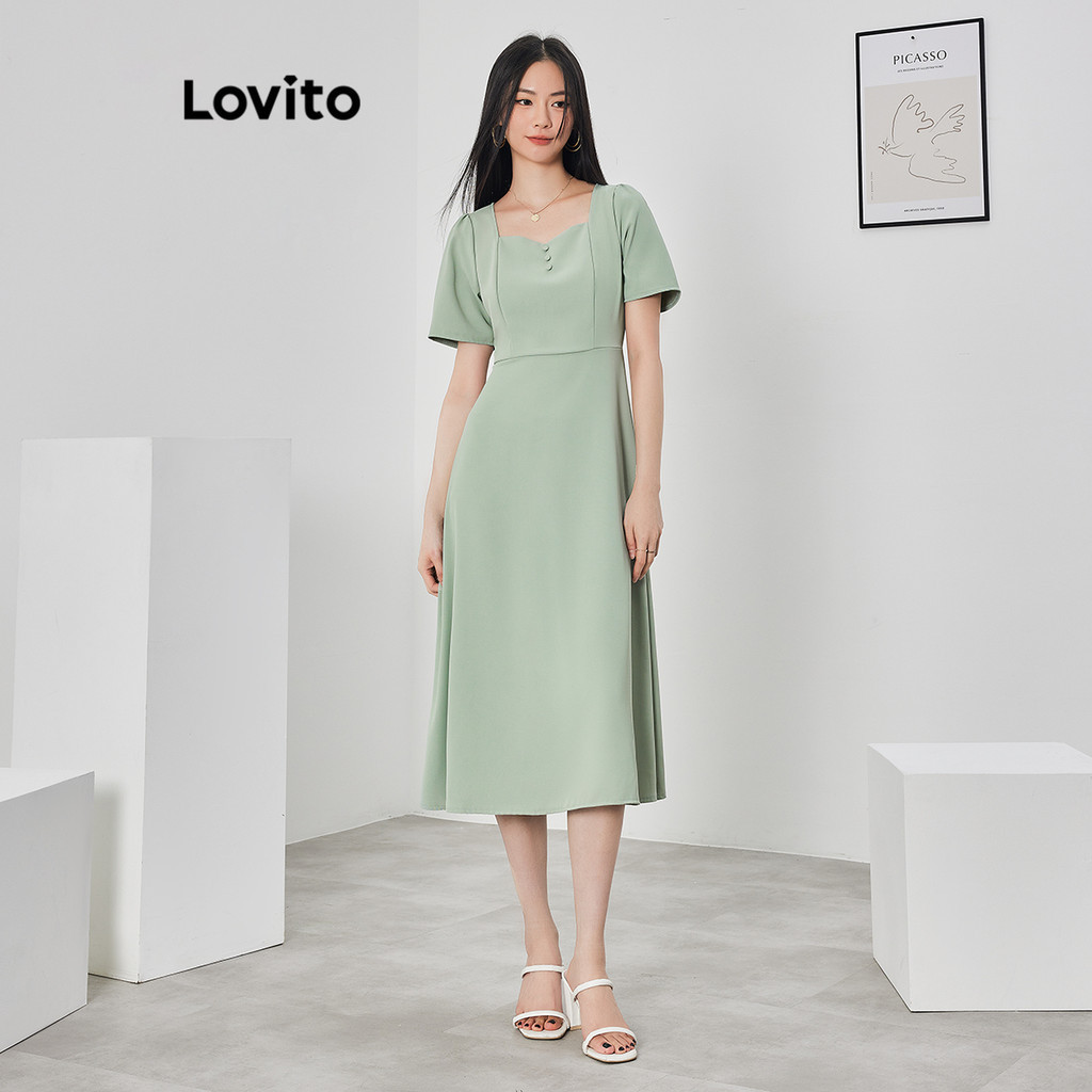 Detalhes do (Trendy) Lovito Vestido Elegante Com Botão Liso E Linha A Para Mulheres L62ED168 (Verde)