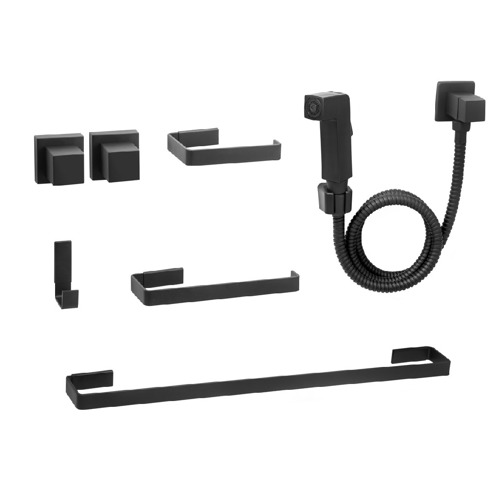 Kit de Acessórios para Banheiro Quadrado Preto Completo +Dcuha Higiênica + 02 Acab. Registro Deca