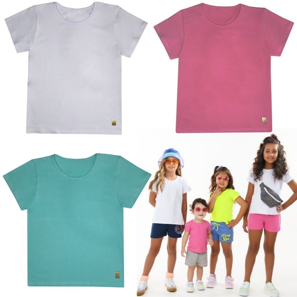 Kit 3 Camiseta Infantil Juvenil Lisa Blusinha Babylook T-shirt Básica Menina Algodão Cotton Manga Curta Roupa Verão Feminina 4-14