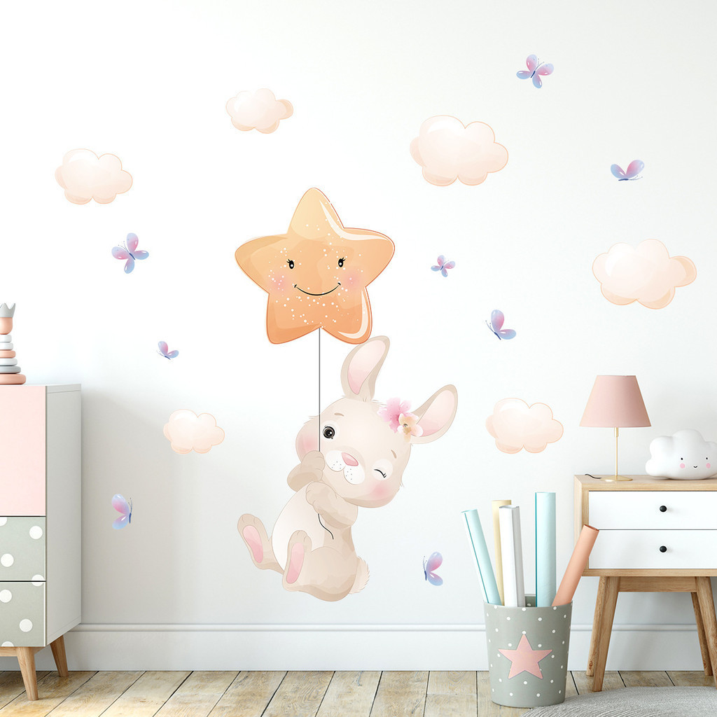 Autocolantes de Parede Star Wall Stickers, Autocolantes de Parede para Coelhinhos Fofinhos de Balão, Autocolantes de Fundo de Quarto Infantil de Desenho Animado Autocolantes de Decoração de Parede