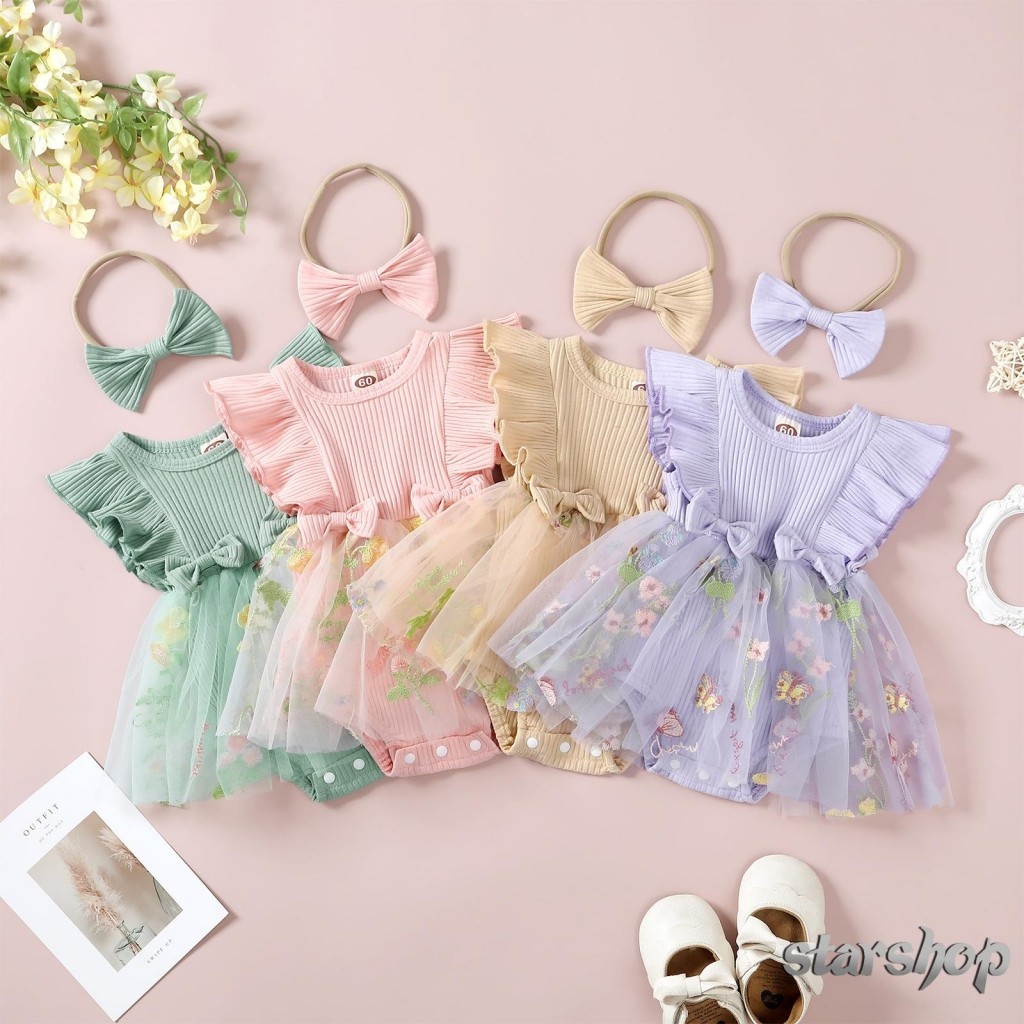 Starshop-Baby Girls Rompers Vestido De Mosca Manga Floral Bordado Em Tule Saia Hem Fato De Bebê Roupas De Verão Com Fita De Cabeça