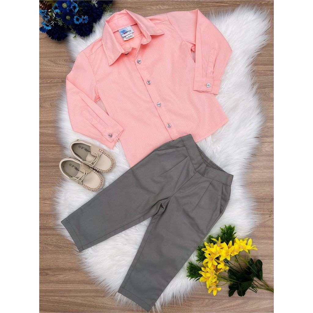 Conjunto Social Para Pajem Príncipes e Formaturas Camisa Salmão e Calça Sarja Caqui