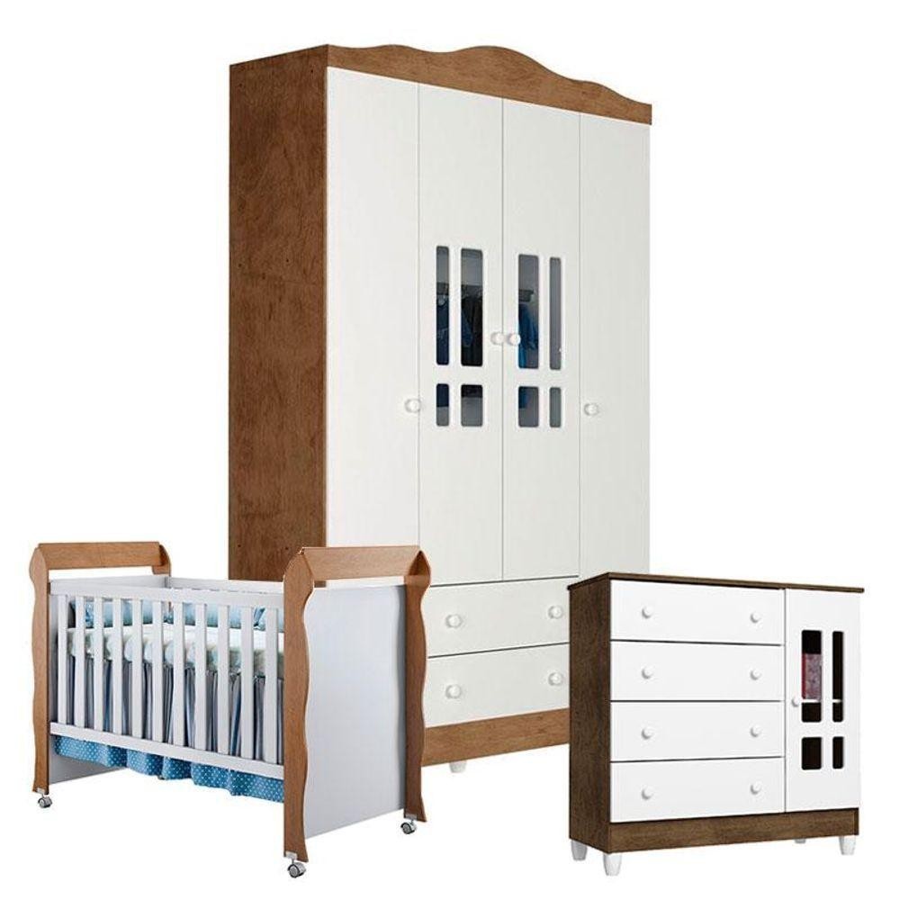 Quarto De Bebê Ariel 4 Portas Com Berço Mirelle Branco Acetinado Amadeirado - Carolina - Home & Living