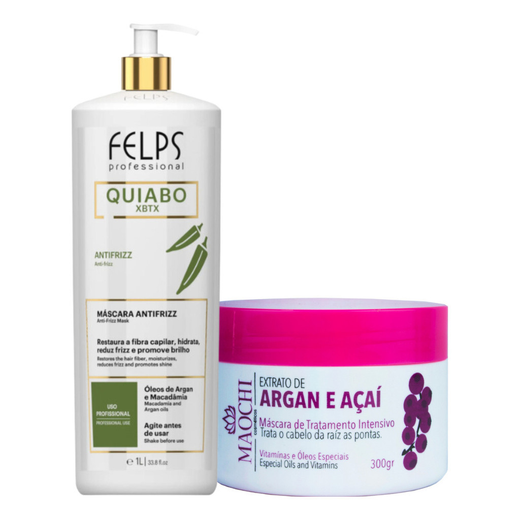 Felps Xbtx Quiabo Okra 1 Litro Alisamento Redutor de Volume + Máscara Neutralizante 300g Tratamento Intenso